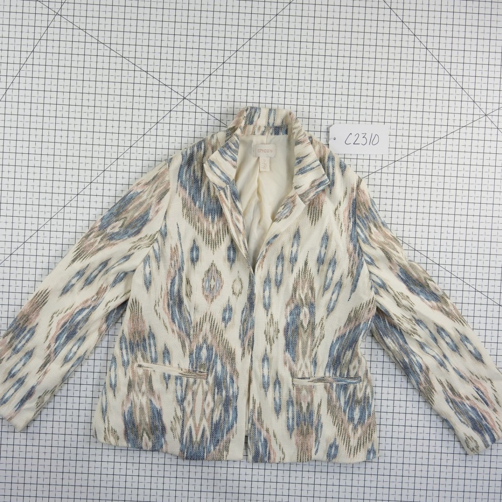 Chicos Blazer Jacket Women's.Size 2 US Large Blue Tan Ikat Open Front Woven - Picture 8 of 8